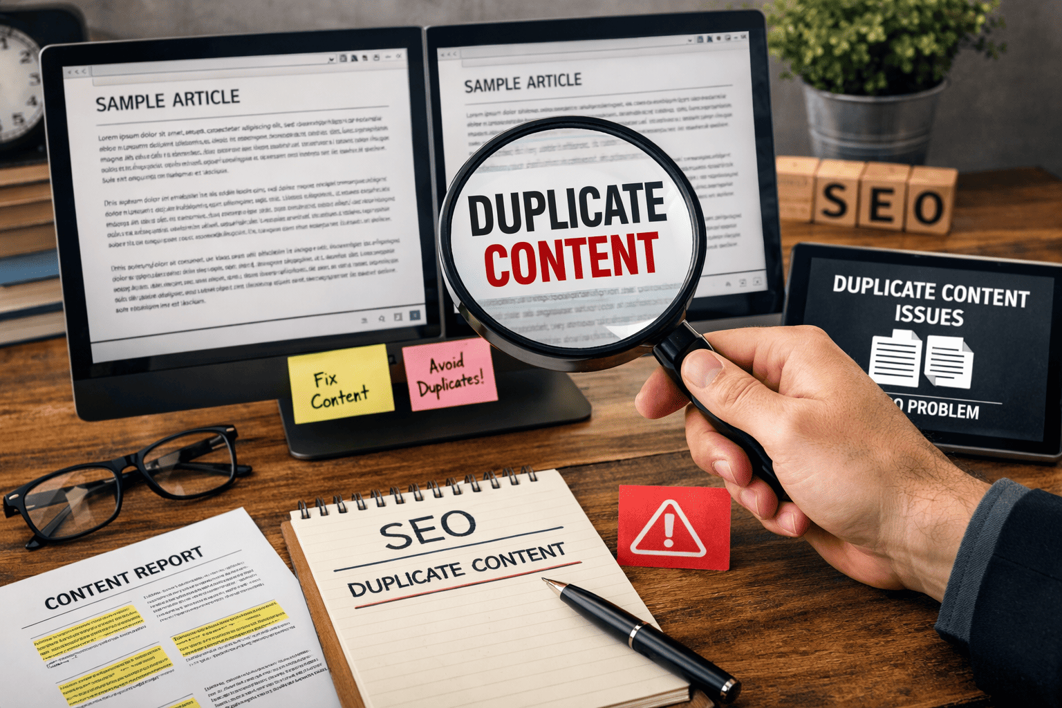 Duplicate content SEO explained with examples showing how duplicate pages affect rankings, indexing, and search visibility